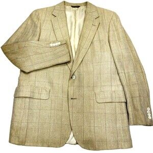 Britches Georgetowne Sport Coat Vtg Silk 42 Windowpane Plaid Herringbone Tan Y2K